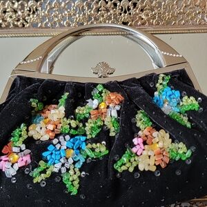 Black Velvet Beaded Floral Evening Clutch